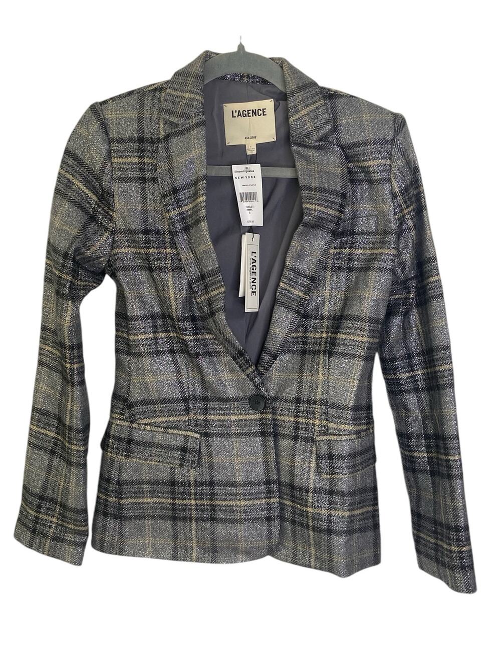 L'Agence Diana Blazer Jacket Metallic Plaid Lapel Dark Academia Preppy Office 0